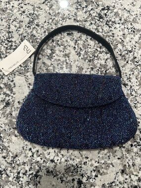 Menbur Iridescent Navy Beaded Evening Clutch with Black Handle